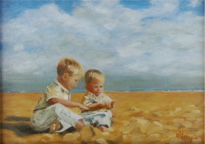 Boys in Sand   5 x 7   oil on canvas